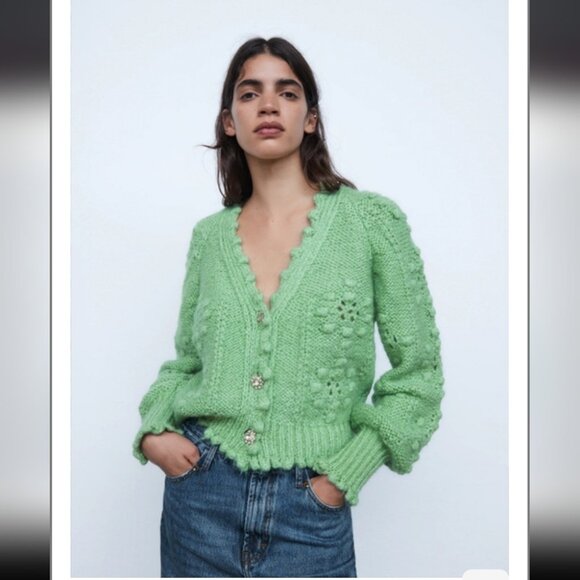 ZARA | Alpaca Wool Cardigan Sweater Green Sz L - Picture 1 of 7